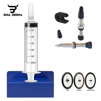 KIT JERINGUILLA TUBELESS BULLBERNA + 2 VALVULAS PRESTA 40MM CON LLAVE QUITA OBUS